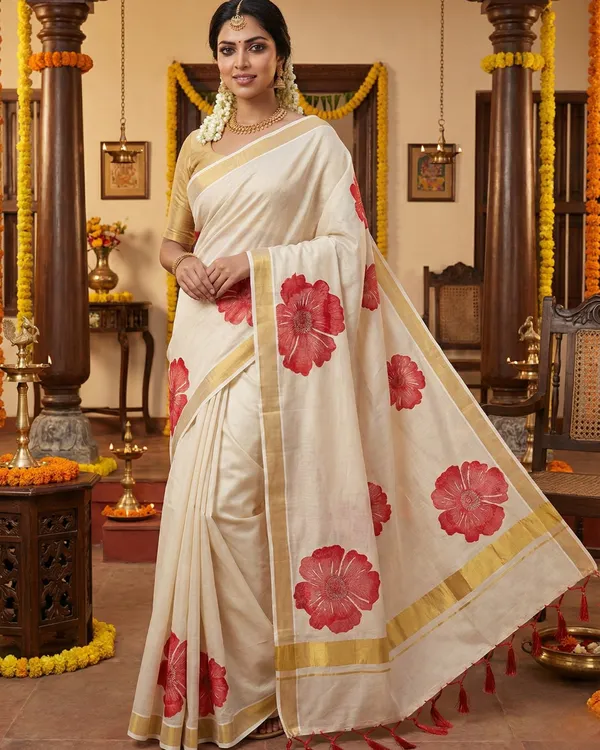 Off_White_And_Ivory_With_Red_Floral_Print_And_Gold_Kasavu_Border_Hibiscus_Bloom_Kasavu_Saree
