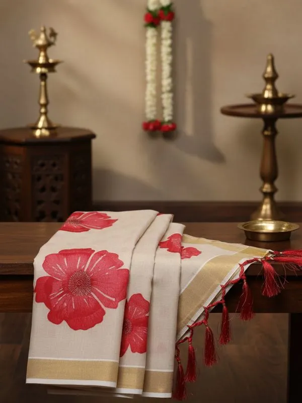 Off_White_And_Ivory_With_Red_Floral_Print_And_Gold_Kasavu_Border_Hibiscus_Bloom_Kasavu_Saree