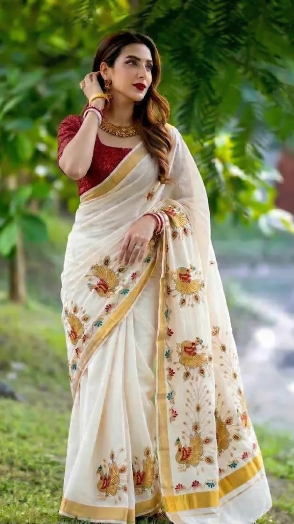 Off_White_Golden_Mayura_Kasavu_Saree_With_Red_Brocade_Blouse