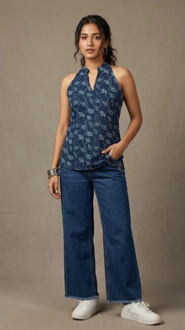 Navy_Leaf_Open-Back_Halter_Kurti