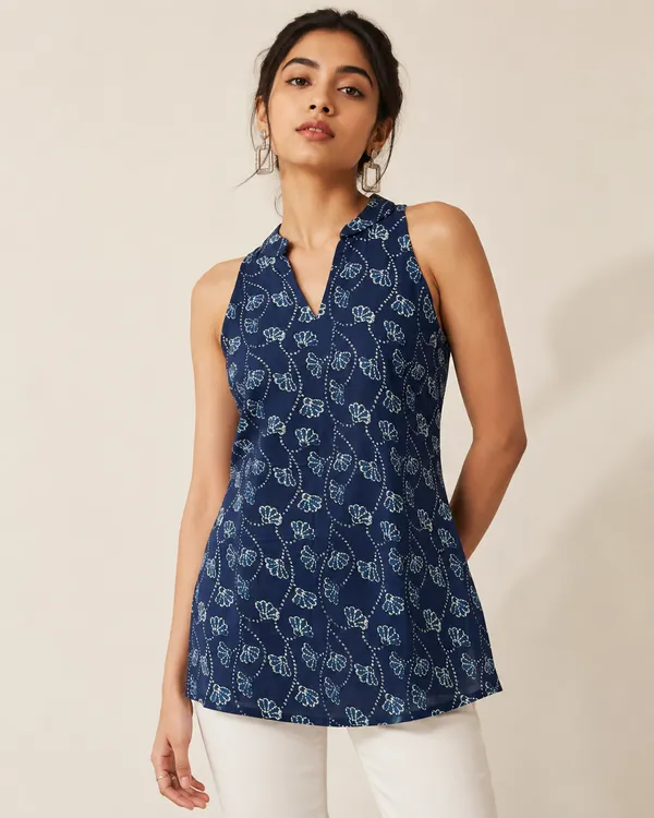Navy_Leaf_Open-Back_Halter_Kurti