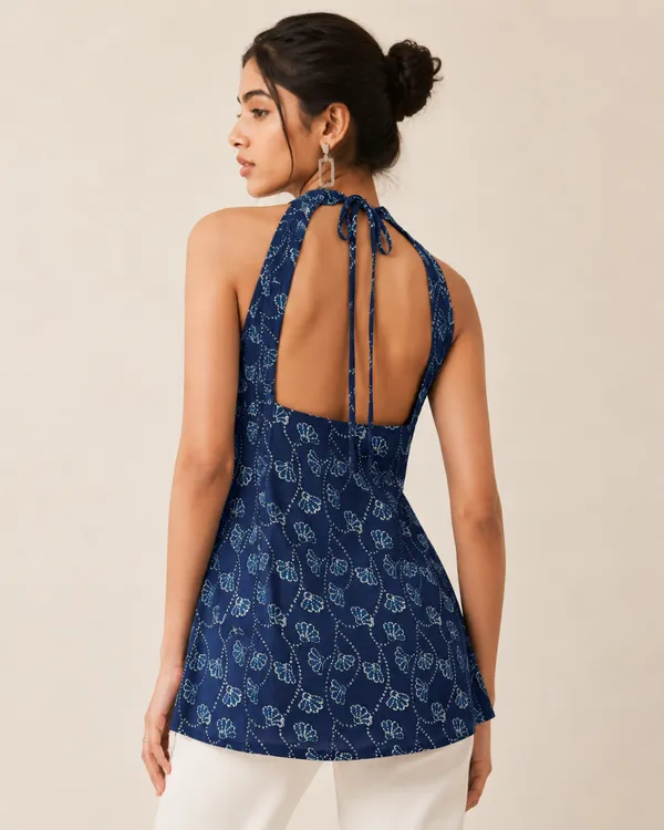 Navy_Leaf_Open-Back_Halter_Kurti