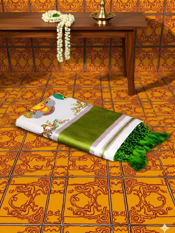 Off_White_And_Green_Kerala_Mural_Heritage_Cotton_Kasavu_Saree