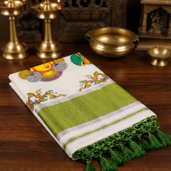 Off_White_And_Green_Kerala_Mural_Heritage_Cotton_Kasavu_Saree
