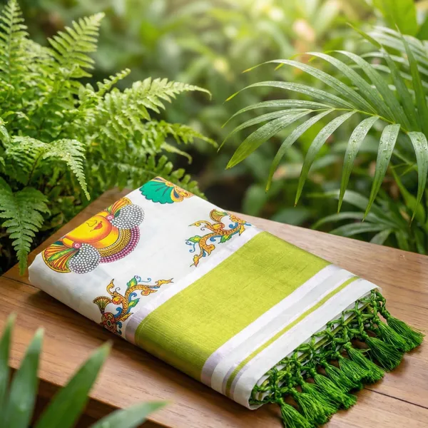 Off_White_And_Green_Kerala_Mural_Heritage_Cotton_Kasavu_Saree