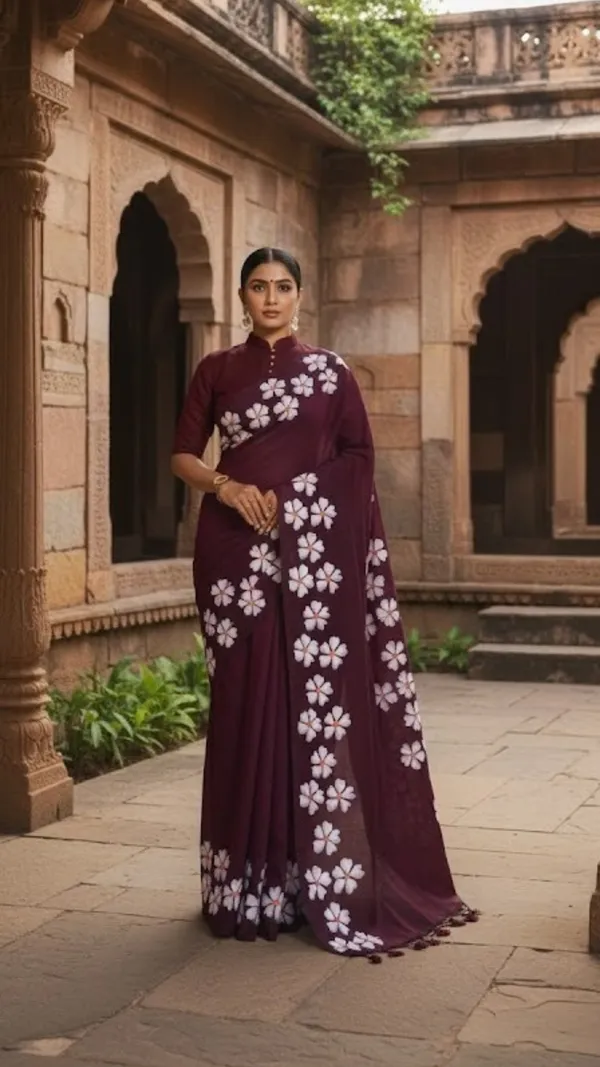 Maroon_With_White_Floral_Motifs_Maroon_Floral_Khadi_Cotton_Saree