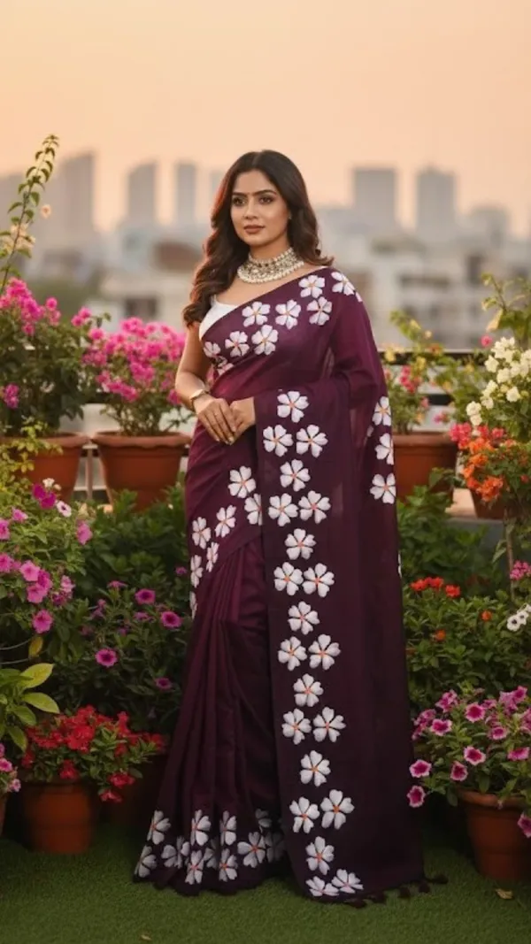 Maroon_With_White_Floral_Motifs_Maroon_Floral_Khadi_Cotton_Saree