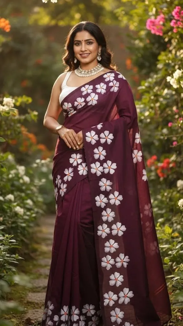 Maroon_With_White_Floral_Motifs_Maroon_Floral_Khadi_Cotton_Saree