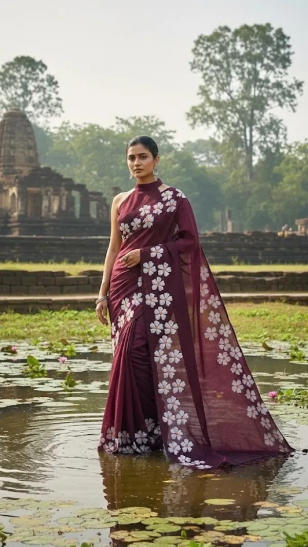 Maroon_With_White_Floral_Motifs_Maroon_Floral_Khadi_Cotton_Saree