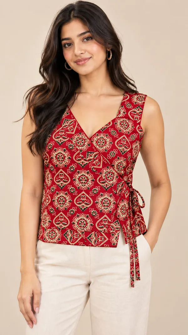 Maroonish_Red_Motif_Wrap_Cotton_Top