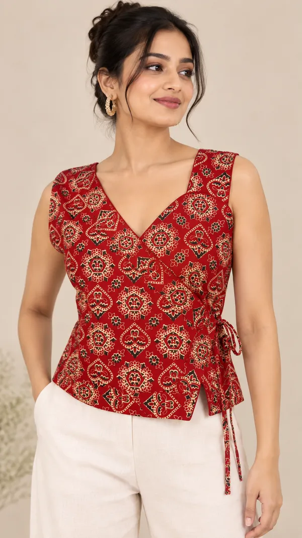 Maroonish_Red_Motif_Wrap_Cotton_Top
