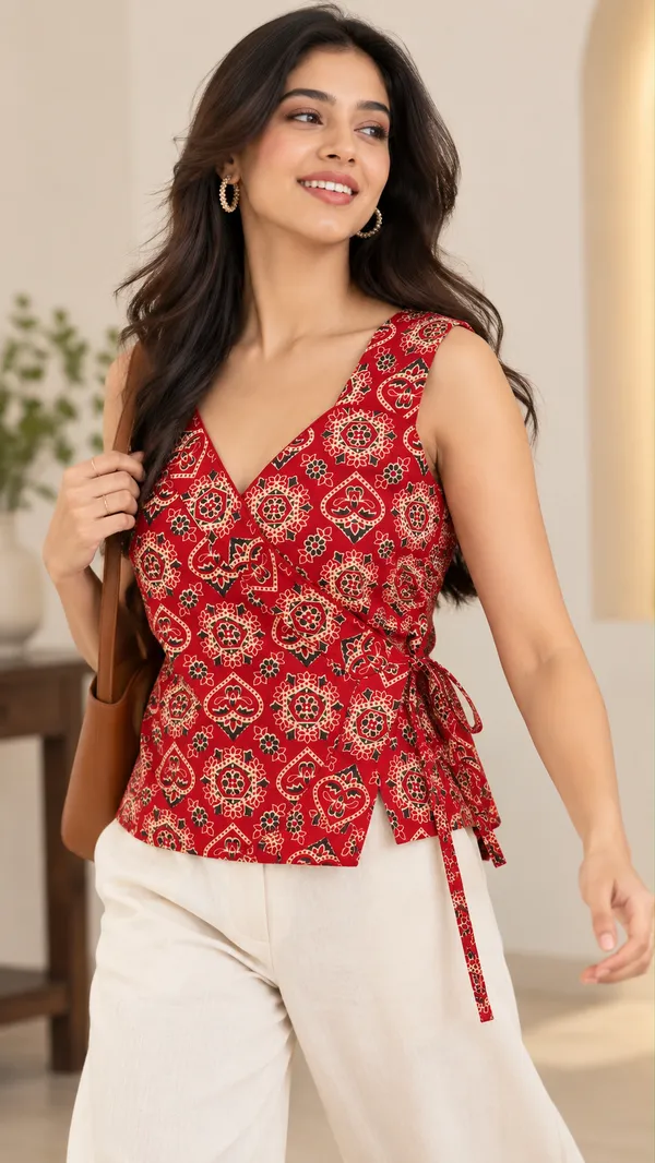 Maroonish_Red_Motif_Wrap_Cotton_Top