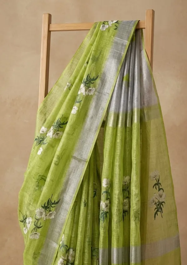 Leaf_Green_&_Silver_Meadow_Linen_Saree