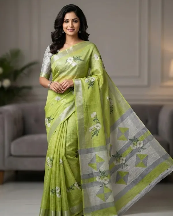 Leaf_Green_&_Silver_Meadow_Linen_Saree
