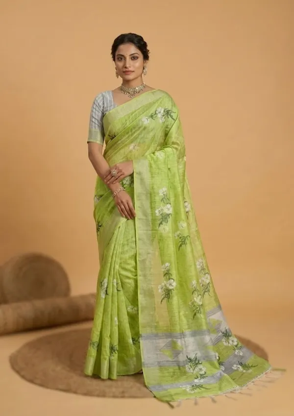 Leaf_Green_&_Silver_Meadow_Linen_Saree