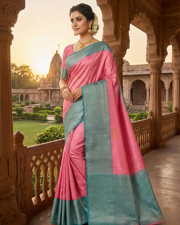 Rose_Pink_And_Teal_Blue_With_Silver_Zari_Meher_Dual_Tone_Silk_Saree