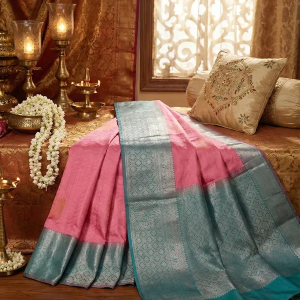 Rose_Pink_And_Teal_Blue_With_Silver_Zari_Meher_Dual_Tone_Silk_Saree