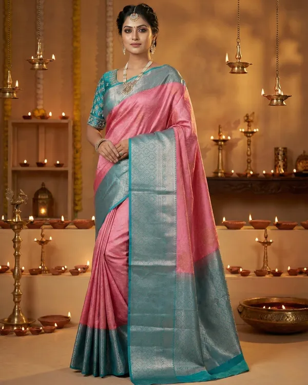 Rose_Pink_And_Teal_Blue_With_Silver_Zari_Meher_Dual_Tone_Silk_Saree