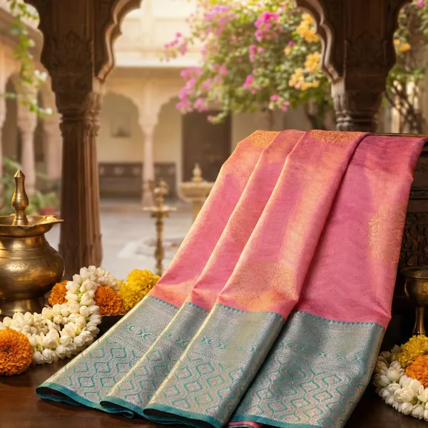 Rose_Pink_And_Teal_Blue_With_Silver_Zari_Meher_Dual_Tone_Silk_Saree