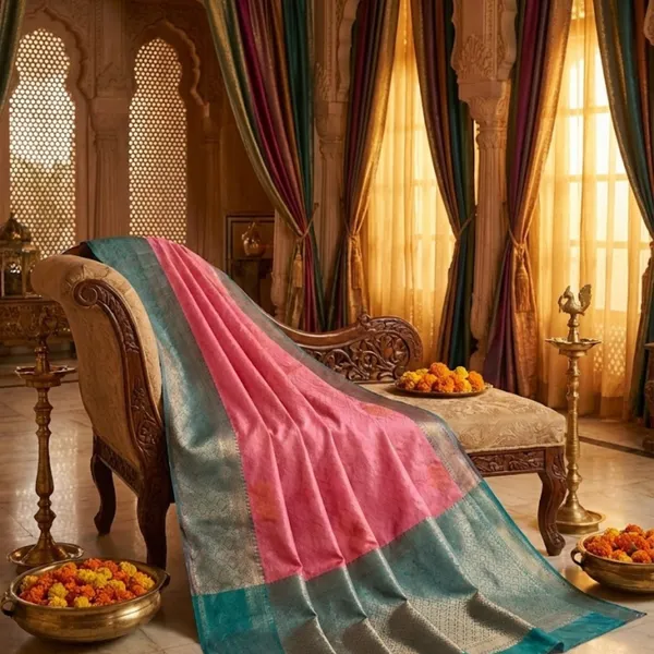 Rose_Pink_And_Teal_Blue_With_Silver_Zari_Meher_Dual_Tone_Silk_Saree