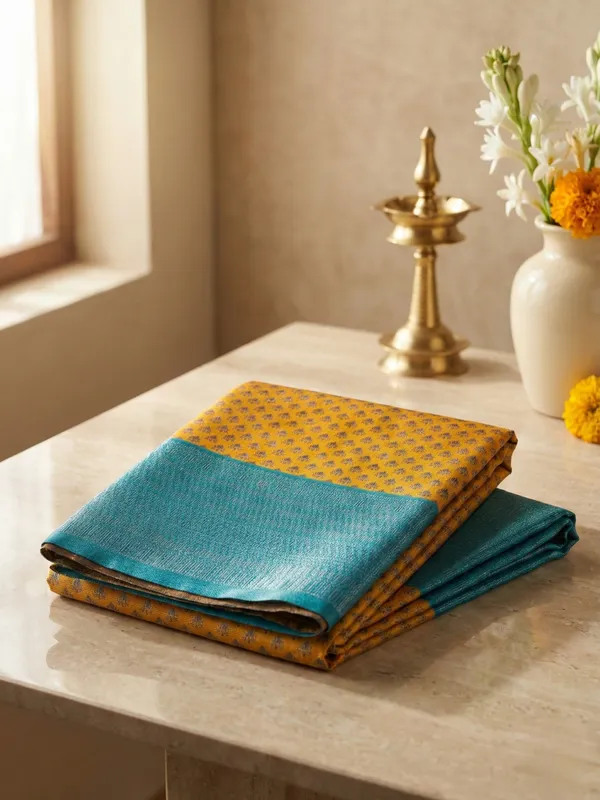 Mustard_Yellow_And_Teal_Blue_Neelambari_Teal_Border_Weave_Saree