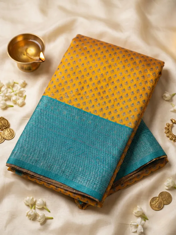 Mustard_Yellow_And_Teal_Blue_Neelambari_Teal_Border_Weave_Saree