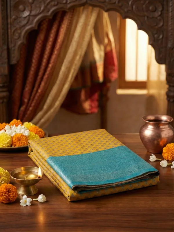 Mustard_Yellow_And_Teal_Blue_Neelambari_Teal_Border_Weave_Saree
