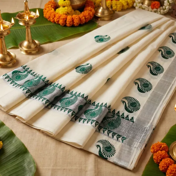 Off_White_And_Ivory_With_Green_And_Silver_Border_Neelapakshi_Kasavu_Saree