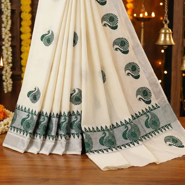 Off_White_And_Ivory_With_Green_And_Silver_Border_Neelapakshi_Kasavu_Saree