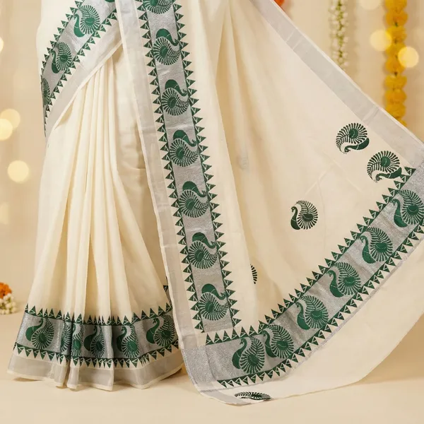 Off_White_And_Ivory_With_Green_And_Silver_Border_Neelapakshi_Kasavu_Saree