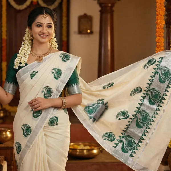 Off_White_And_Ivory_With_Green_And_Silver_Border_Neelapakshi_Kasavu_Saree