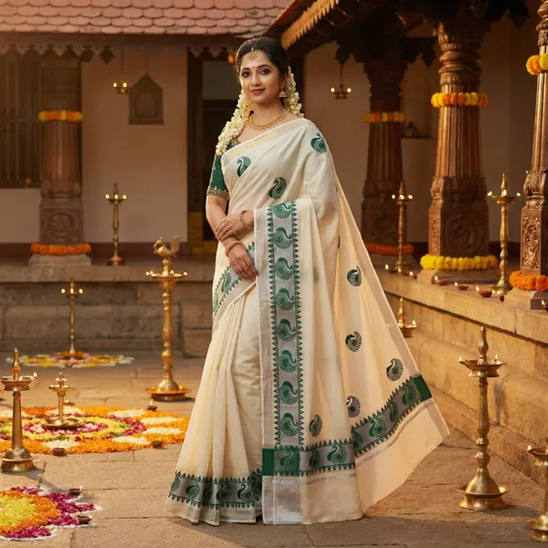Off_White_And_Ivory_With_Green_And_Silver_Border_Neelapakshi_Kasavu_Saree