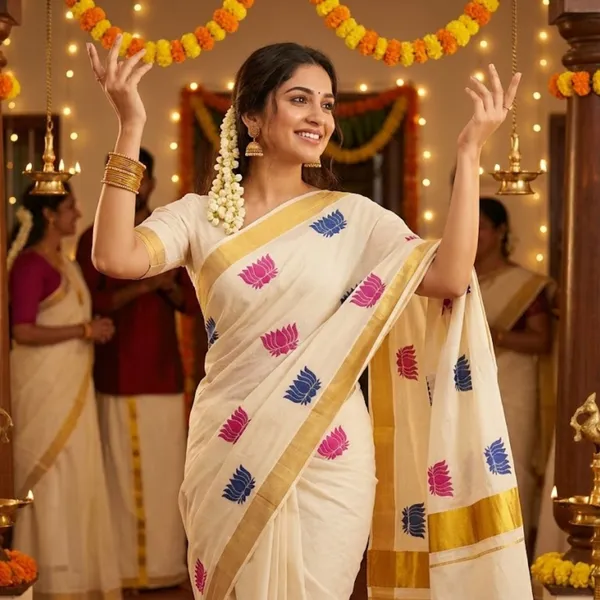Off_White_And_Ivory_With_Gold_Zari_Pink_And_Indigo_Padma_Leela_Kasavu_Kerala_Saree_With_Lotus_Motifs