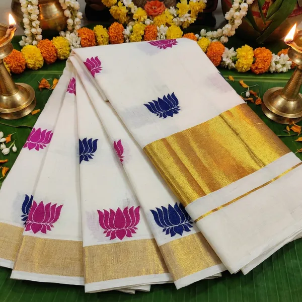 Off_White_And_Ivory_With_Gold_Zari_Pink_And_Indigo_Padma_Leela_Kasavu_Kerala_Saree_With_Lotus_Motifs