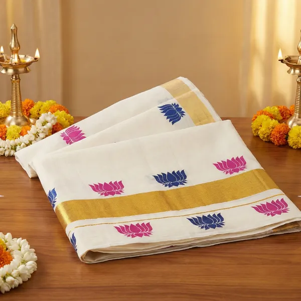Off_White_And_Ivory_With_Gold_Zari_Pink_And_Indigo_Padma_Leela_Kasavu_Kerala_Saree_With_Lotus_Motifs