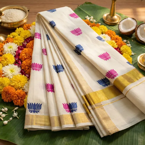 Off_White_And_Ivory_With_Gold_Zari_Pink_And_Indigo_Padma_Leela_Kasavu_Kerala_Saree_With_Lotus_Motifs