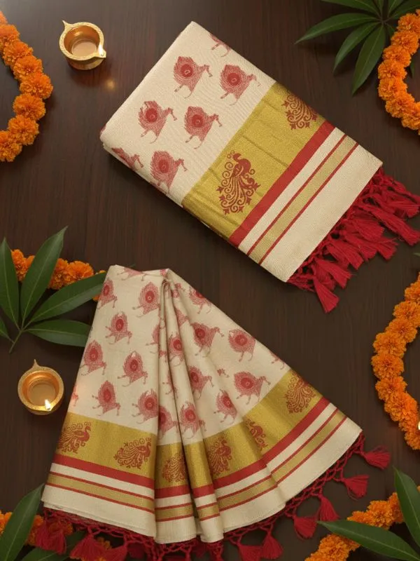 Ivory_And_Off_White_With_Gold_Peacock_Raga_Kasavu_Ivory_Cotton_Saree_With_Red_Motifs