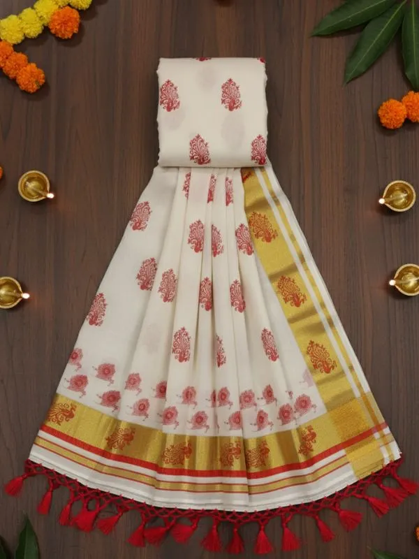 Ivory_And_Off_White_With_Gold_Peacock_Raga_Kasavu_Ivory_Cotton_Saree_With_Red_Motifs