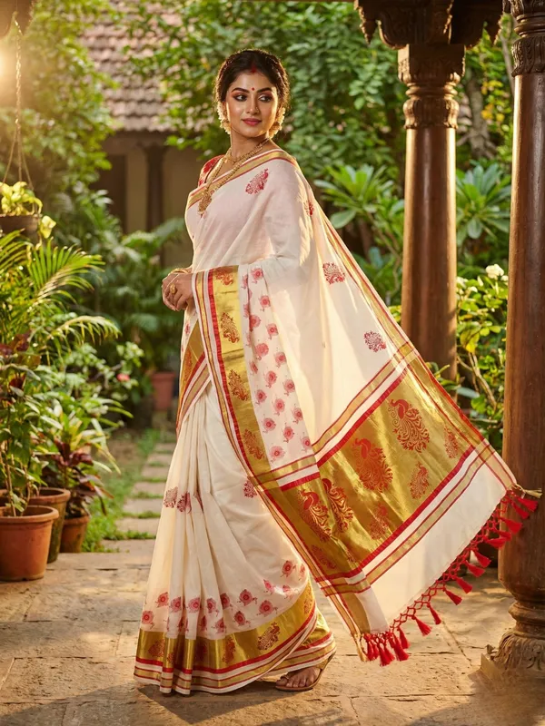 Ivory_And_Off_White_With_Gold_Peacock_Raga_Kasavu_Ivory_Cotton_Saree_With_Red_Motifs