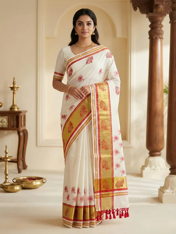 Ivory_And_Off_White_With_Gold_Peacock_Raga_Kasavu_Ivory_Cotton_Saree_With_Red_Motifs