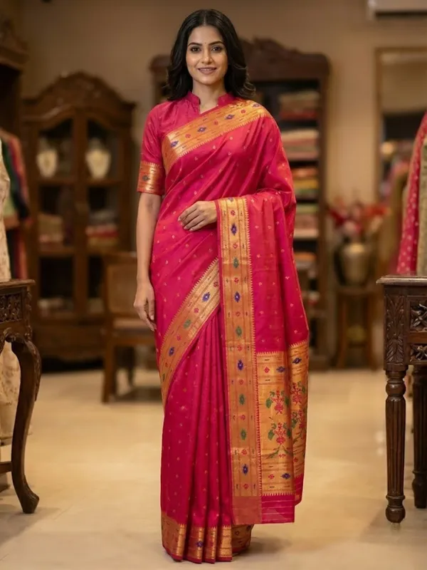Rani_Pink_Paithani_Silk_Saree_With_Gold_Zari_Peacock_Border