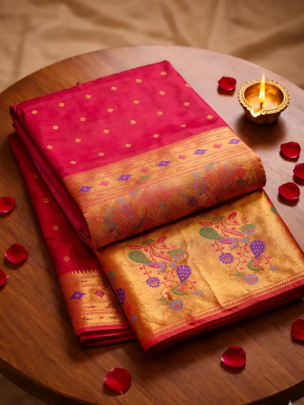 Rani_Pink_Paithani_Silk_Saree_With_Gold_Zari_Peacock_Border