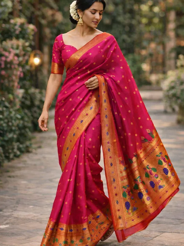 Rani_Pink_Paithani_Silk_Saree_With_Gold_Zari_Peacock_Border