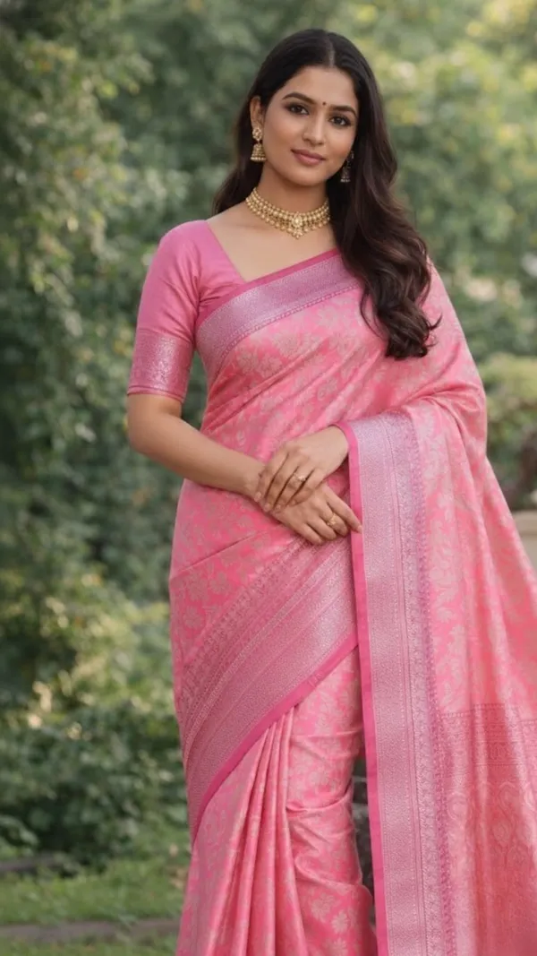Rose_Pink_Banarasi_Silk_Saree_With_Silver_Zari_Floral_Weave