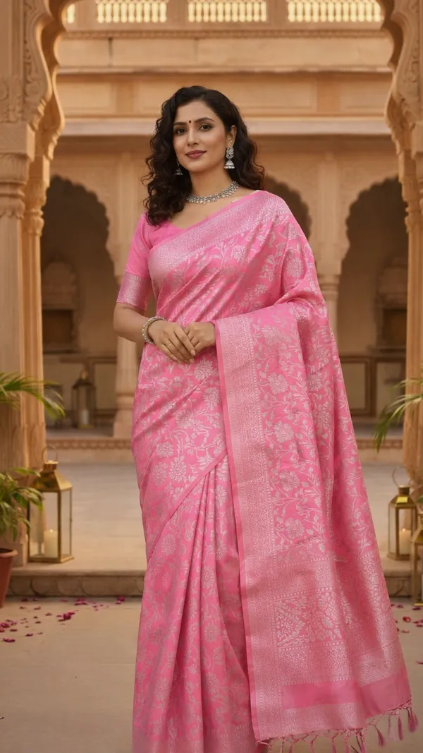 Rose_Pink_Banarasi_Silk_Saree_With_Silver_Zari_Floral_Weave