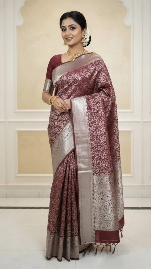 Maroon_And_Wine_Royal_Silk_Saree_With_Intricate_Silver_Floral_Jaal_&_Zari_Border