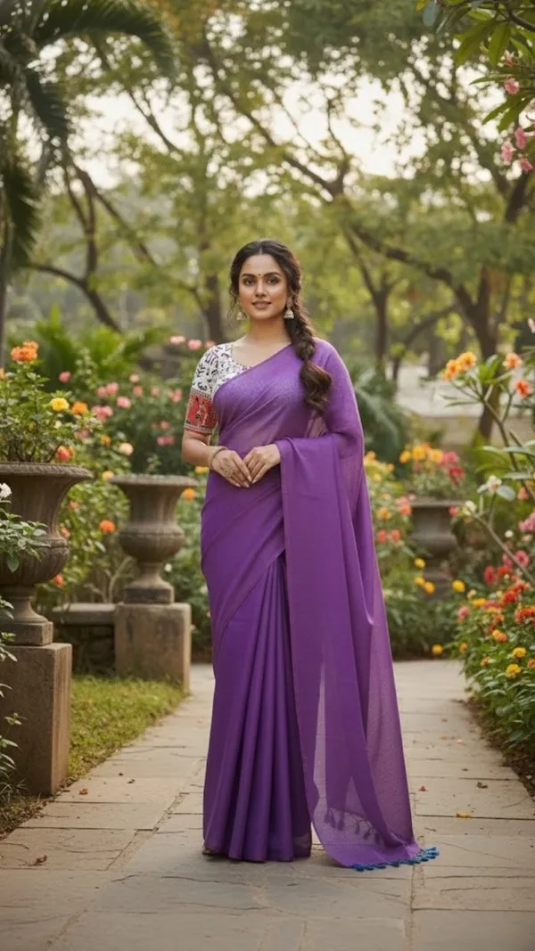 Deep_Royal_Purple_Khadi_Saree_With_Printed_White_Blouse_Piece