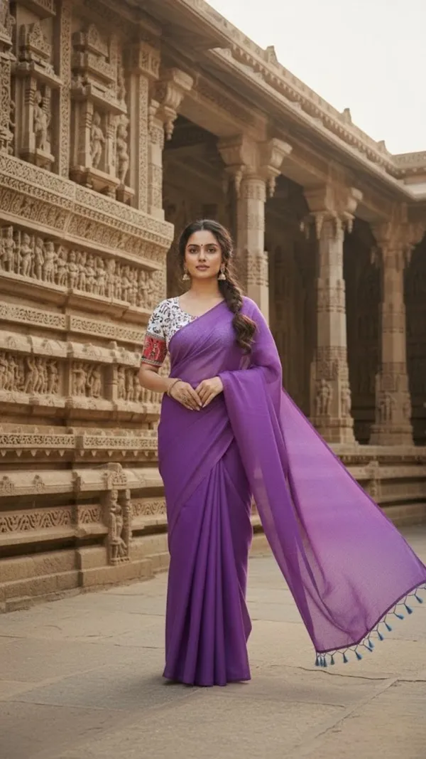 Deep_Royal_Purple_Khadi_Saree_With_Printed_White_Blouse_Piece