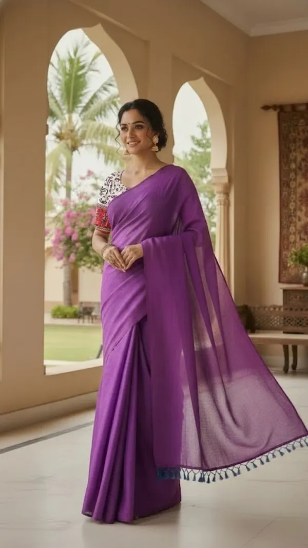 Deep_Royal_Purple_Khadi_Saree_With_Printed_White_Blouse_Piece