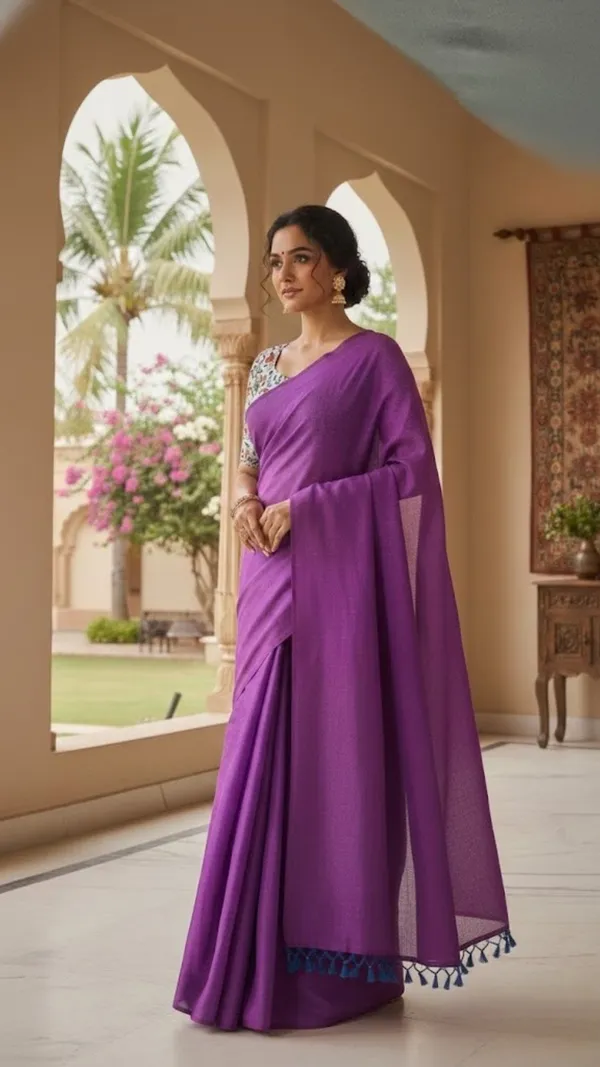 Deep_Royal_Purple_Khadi_Saree_With_Printed_White_Blouse_Piece